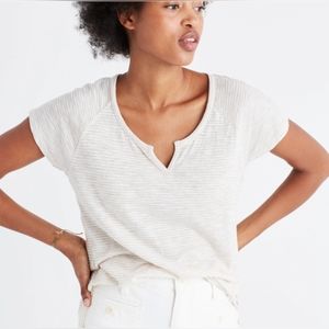 Madewell Women's Large Choral Split Neck Lightweight Tee Tan & White Stripe
